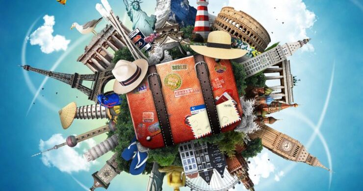 Travel, world landmarks on the background of blue sky