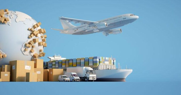 3D  rendering of the Earth surrounded by cardboard boxes, a cargo container ship, a flying plan, a car, a van and a truck