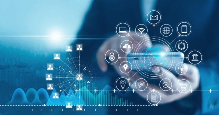 Businessman using mobile smartphone and icon network connection data with growth graph customer, digital marketing, banking and payment online, analysis and planning of business.